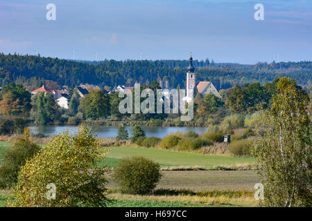 Geras: view to Geras Abbey, fish lake, trees, Waldviertel, Niederösterreich, Lower Austria, Austria Stock Photo