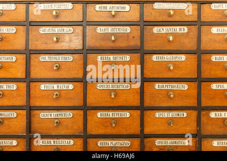 Old chest of drawers with herbal medicines in the pharmacy Stock Photo