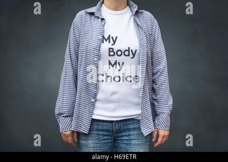My body my choice message on white t-shirt. Selective focus. Stock Photo