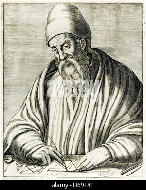 Euclid of Alexandria (450-350BC) Greek mathematician who wrote 'Elements' one of the most influential works in the history of mathematics. Engraving by Frère André Thévet (1516-1590) published in 1584. See description for more information. Stock Photo