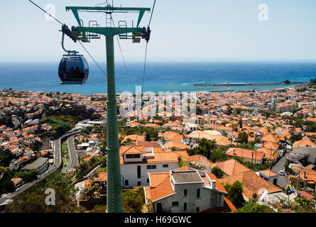 The Funchal Monte cable car rides above the roofs of Funchal on the Portuguese island of Madeira Stock Photo