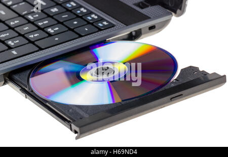 Electronic collection - Laptop with open DVD tray isolated on a white background Stock Photo