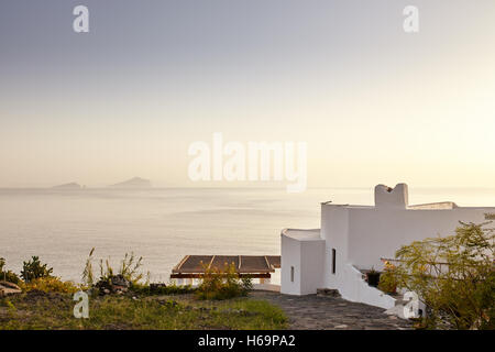 Ginostra, Aeolian islands/Italy – September 19th, 2016. typical aeolian house with Aeolian islands in background. Stock Photo