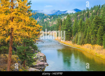 autumn morning along the blackfoot river near potomac, montana Stock Photo