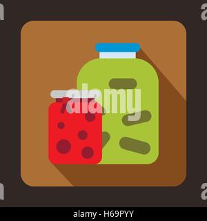 Jars with pickled vegetables and jam icon Stock Vector