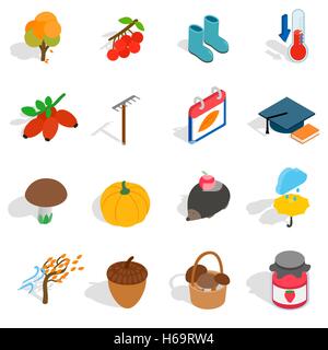 Autumn icons set, isometric 3d style Stock Vector
