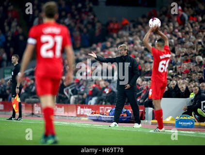 Liverpool manager Jurgen Klopp gestures on the touchline during the EFL Cup, round of 16 match at Anfield, Liverpool. Stock Photo