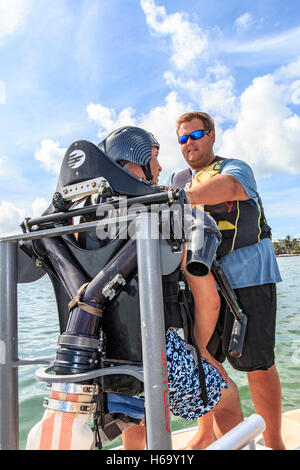 Florida Keys Jetpack off Islamorada in the Florida Keys. This is flying like James Bond. Stock Photo