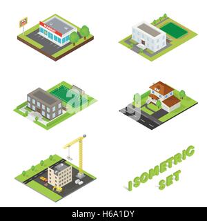 Isometric buildings icons set Stock Vector