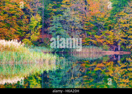 Autum forest lake Kozjak in Plitvice National Park Stock Photo