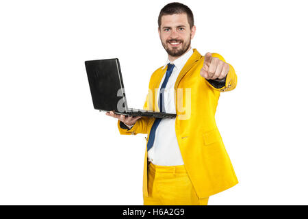 businessman in a golden suit pointing at you Stock Photo
