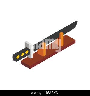 Katana on a wooden stand isometric 3d icon Stock Vector