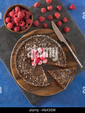 Chocolate and raspberry tart. Stock Photo