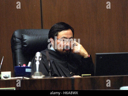 Los Angeles, California, USA. 13th July, 1995. Superior Court Judge Lance Ito presides during the trial of former NFL star running back O.J. Simpson for the murder of his former wife, Nicole Brown Simpson and a friend of hers, restaurant waiter, Ron Goldman in Los Angeles County Superior Court in Los Angeles, California on July 13, 1995.Credit: Steve Grayson/Pool via CNP © Steve Grayson/CNP/ZUMA Wire/Alamy Live News Stock Photo