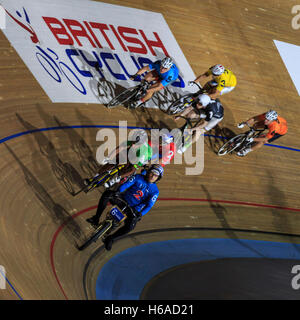 Lee Valley VeloPark, London, UK. 25th Oct, 2016. First day of Six Day London. The sprinters compete in the Keirin during the six day cycling competition centred around the Madison. This will be the last event that Wiggins competes in in the UK. Credit:  Clive Jones/Alamy Live News Stock Photo