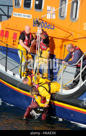 RNLI Lifeboat practice a man overboard rescue exercise, Weymouth, Dorset, UK Stock Photo