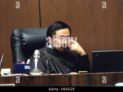 Superior Court Judge Lance Ito presides during the trial of former NFL star running back O.J. Simpson for the murder of his former wife, Nicole Brown Simpson and a friend of hers, restaurant waiter, Ron Goldman in Los Angeles County Superior Court in Los Angeles, California on July 13, 1995. Credit: Steve Grayson/Pool via CNP - NO WIRE SERVICE - Stock Photo