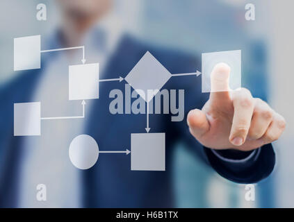 Business process and workflow automation with flowchart, businessman in background Stock Photo