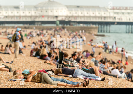 Surfers and sunbathers on Brighton beach Stock Photo
