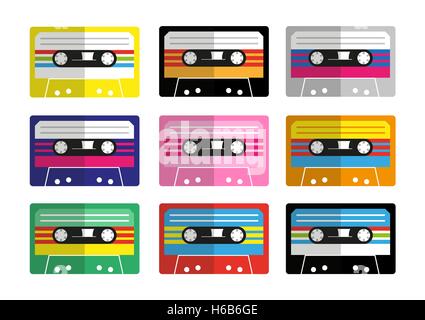 Set of colorful flat isolated vector mix tape / audio cassette tape illustrations Stock Vector