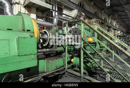 Railway wheel-set subway train in metal working machine Stock Photo