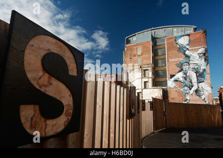 United Kingdom, Scotland, Glasgow, mural of badminton player Kieran Merrilees by street artist Guido van Helten (Mural Trail) Stock Photo