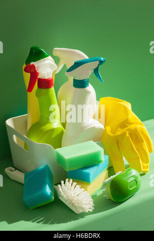 cleaning items household spray brush sponge glove Stock Photo