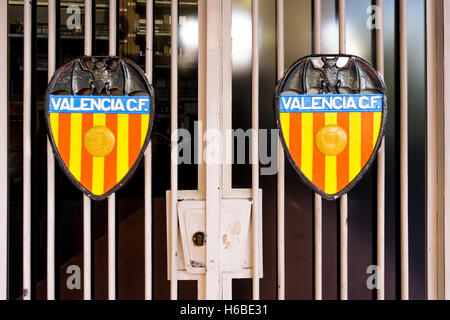 Two crests of Valencia football club at the entrance to the Mestalla Stadium in Valencia, Spain Stock Photo