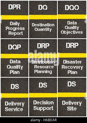 Photo collage of Business Acronyms written over road marking yellow paint line Stock Photo