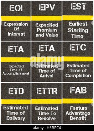 Photo collage of Business Acronyms written over road marking yellow paint line Stock Photo