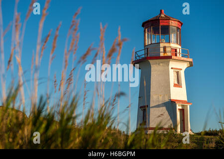Red and white old lighthouse over blue sky in Gaspesie, Quebec (Percé). Stock Photo
