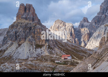 Dolomites mountain panorama and Locatelli Refuge,Tre Cime Di Lavaredo,Italy,Europe Stock Photo