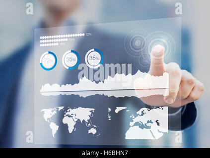 Financial dashboard with key performance indicators and digital touch interface, businessman in background Stock Photo