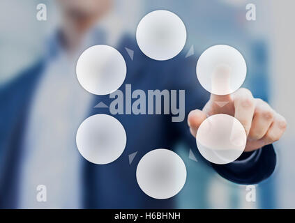 Presentation of a cycle business process diagram with six empty circles and a businessman in background Stock Photo