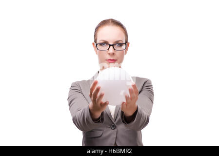 Woman holding crystall ball isolated on white Stock Photo