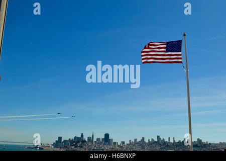 Fleet week practice over the Bay Area as viewed from Alcatraz Stock Photo