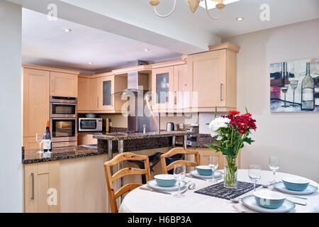 A contemporary, typical kitchen dinner, incorporating a range cooker, hood & Granite work surfaces. Gloucestershire, UK Stock Photo