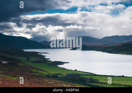 Loch Hope,Strath More and Crepuscular rays. Stock Photo