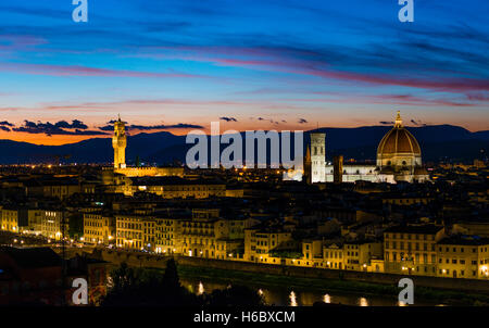 Panoramic view of illuminated city at sunset and dusk from Michelangelo Square, Piazzale Michelangelo, with Cathedral of Santa Stock Photo