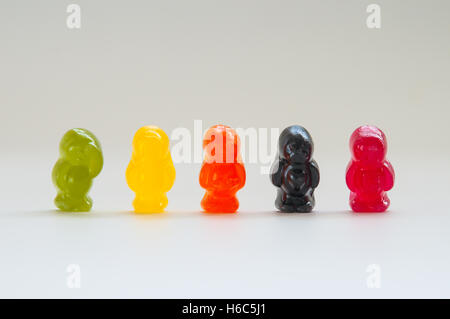 5 jelly babies in a row Stock Photo