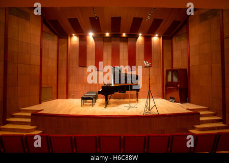 View of the piano on the stage in Chamber Hall of the Moscow State Academic Philharmonic, Russia Stock Photo