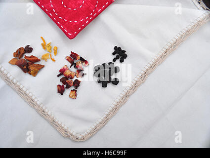 fruits and leaves for infusion on tablecloth Stock Photo