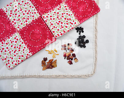 fruits and leaves for infusion on tablecloth Stock Photo