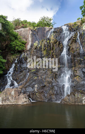 Low water flow at the main fall of the Silvermine Waterfalls on the Lantau Island in Hong Kong, China. Stock Photo