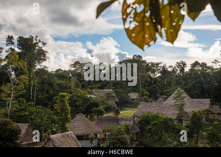 An Ayahuasca plant medicine Healing center and Maloca in the Peruvian Amazon rainforest in a jungle clearing near Iquitos