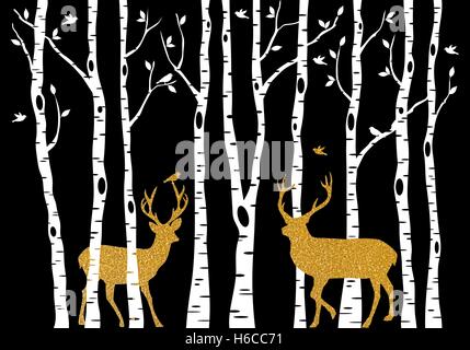 Christmas card with golden reindeer and birch trees forest on black background, vector illustration Stock Vector