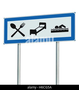 Parking Lot Road Sign Isolated, Restaurant, Hotel Motel, Swimming Pool Icons, Roadside Signage Pole Post, Blue, Black White Stock Photo