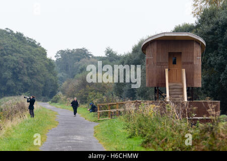 Bird hide and photographer at Shapwick Heath National Nature Reserve. New hide on the Avalon Marshes in the Somerset Levels Stock Photo