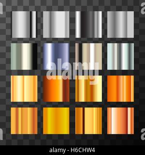 Large set of different silver and gold metal gradients swatch on transparent background Stock Vector