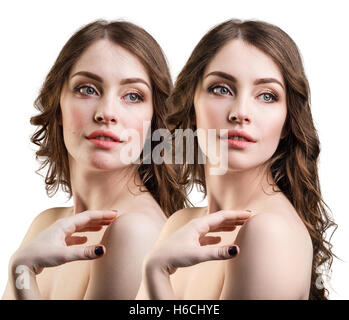 Portrait of young girl with and without makeup Stock Photo